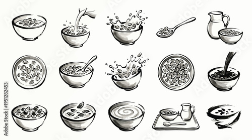 A collection of hand-drawn illustrations depicting various bowls of cereal with milk being poured and splashed, along with spoons and pitchers.