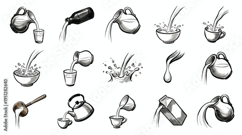 Collection of hand-drawn illustrations depicting various pouring actions of liquids, primarily milk, into different containers like cups, bowls, and glasses.