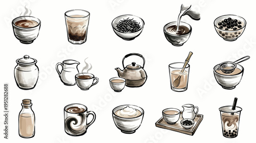 A collection of hand-drawn illustrations depicting various beverages and their accompaniments, including teas, coffees, milk, and boba.