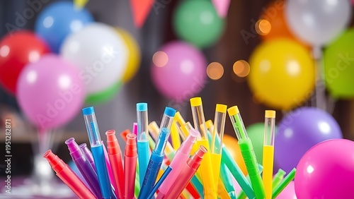 libertarian. Colorful party blowers and balloons on a table, festive celebration with soft lighting. lifestyle magazines.