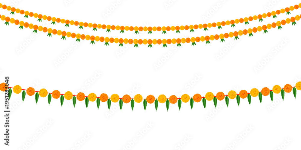 Fototapeta premium Indian marigold flower garland decoration: traditional celebration festival of ram, navami, dussehra, Diwali, wedding, invitation, card, floral on transparent background, vector and PNG image.