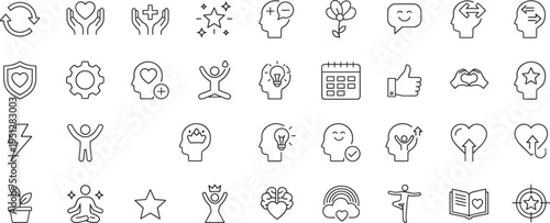 Mental health wellness line icons set, mindfulness therapy symbols, self care psychology outline collection, flat vector illustration design pack