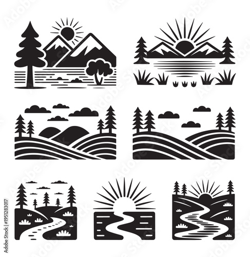 Vector illustrations of diverse natural landscapes with sun, mountains, and rivers.