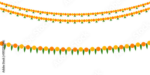Indian marigold flower garland decoration: traditional celebration festival of ram, navami, dussehra, Diwali, wedding, invitation, card, floral on transparent background, vector and PNG image.