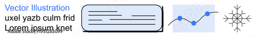 Data analysis, text layout, information charts, digital design, statistics, graphical interfaces. Horizontal text block, line graph abstract star shape. Data analysis and text layout concept