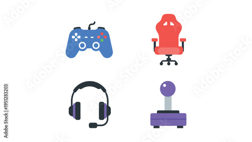 Gaming accessories collection including controller, headset, chair, and joystick