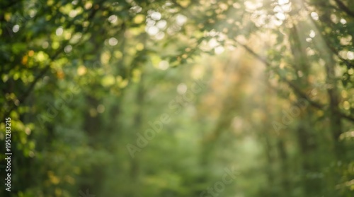 Abstract green forest bokeh background with warm sun rays