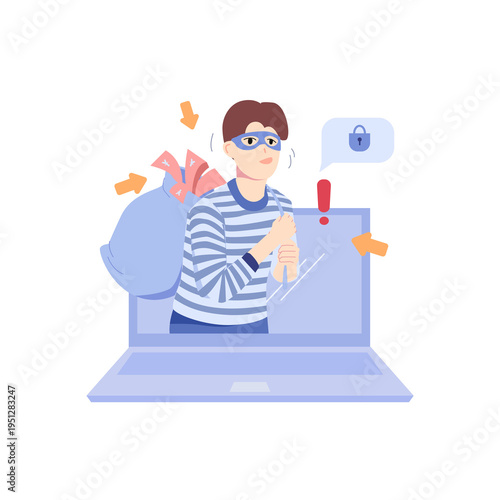 Digital Theft and Online Fraud Awareness Graphic.  Hacker Stealing Data Through Laptop Concept Art. Cybersecurity Warning with Online Thief Illustration