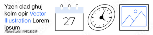 Time management, scheduling, productivity tools, deadline planning, digital organization, creative design. Calendar, clock and image icon with placeholder text. Time management and scheduling