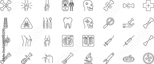 Orthopedic medical line icons set, bone fracture anatomy healthcare symbols, xray diagnosis treatment outline collection, flat vector illustration pack