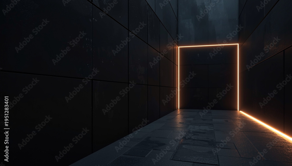 Obraz premium A dark room with a glowing orange doorway and floor