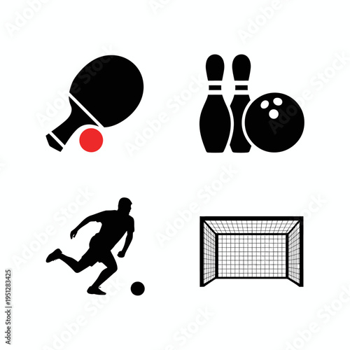 Four icons represent different sports: table tennis, bowling, soccer, and soccer goals.