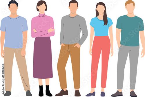 Diverse Group of Professional Men and Women Standing Together in Minimalist Flat Vector Style Wearing Smart Casual Business Outfits and Colorful Modern Seasonal Clothing
