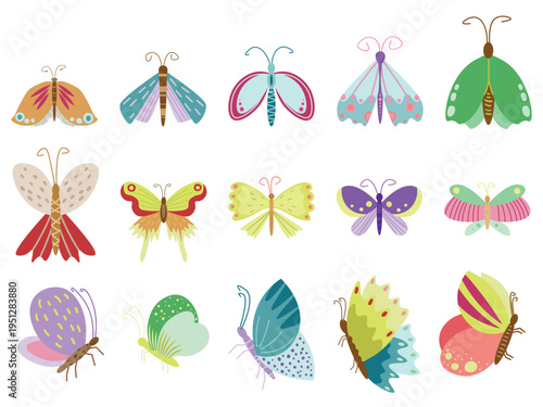 Colorful decorative butterflies and moths flat vector bundle isolated on white