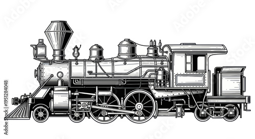 Vintage Steam Locomotive Train - Black and White Illustration