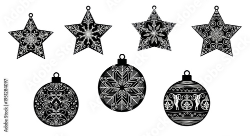 Black and White Christmas Ornaments and Stars, Festive Holiday Decorations