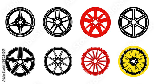 Set of car wheel rims, alloy wheels, various designs and colors