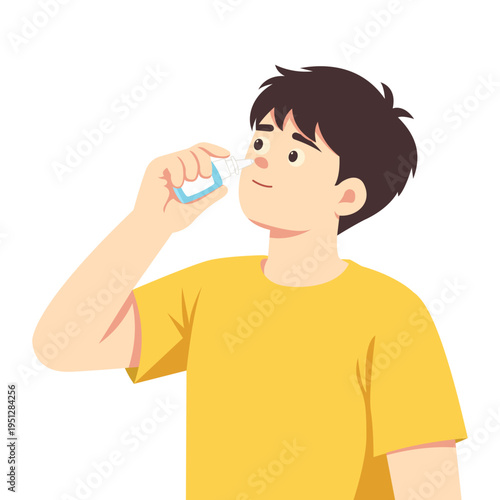 Boy Using Nasal Drops in Bathroom at Home