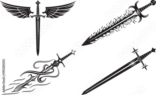 Collection of mythical and tribal fantasy sword silhouettes for diverse design use