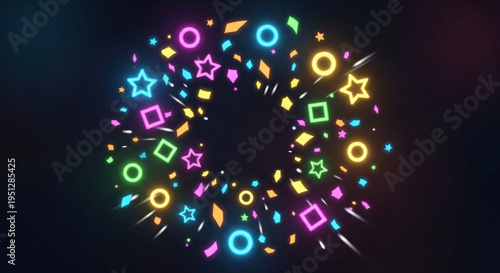 Colorful neon shapes and stars exploding in a circle on a dark background abstract celebration design