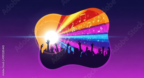 Vibrant concert crowd silhouette with colorful stage lights and musical notes on gradient background
