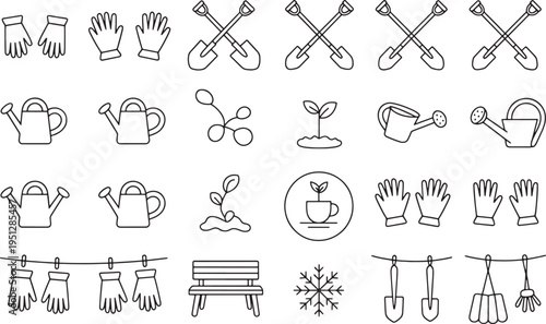 essential gardening tools and planting elements collection of line art icons featuring