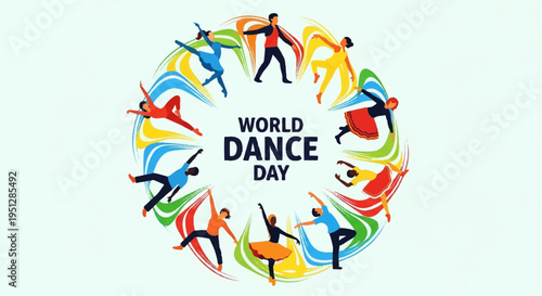 World dance day colorful illustration with diverse dancers in various poses forming a circle around the text on a light blue background
