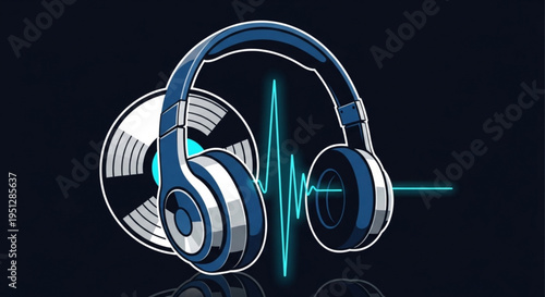 Headphones with vinyl record and blue sound wave on dark background symbolizing music and audio technology