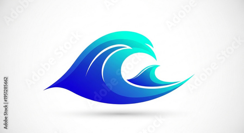 Stylized blue wave graphic with gradient colors on white background