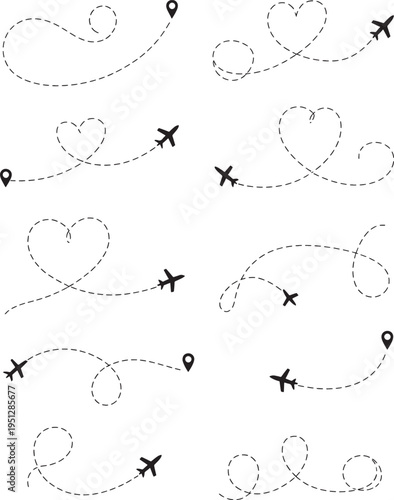 Flight path designs with airplane trails and heart shapes