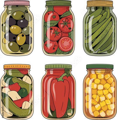 Food Jars Colorful Assortment of 6 Cartoon Preserved