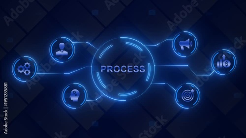 Business process management concept with and workflow diagram in blue neon lights on dark background
