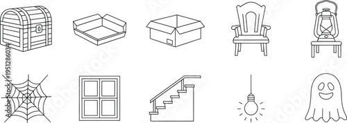 Mystery fantasy line icons collection with chest lantern spiderweb ghost window
