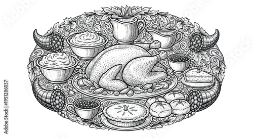 Thanksgiving Dinner Feast Illustration: Roasted Turkey, Pies, Cornucopias, and Autumn Harvest