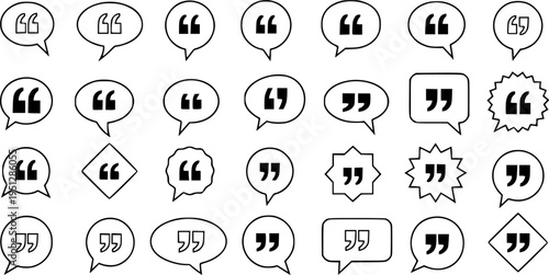 Set of quote mark. Quotes icon vector set. Quotemarks outline, speech marks, inverted commas or talking marks collection. Talk bubble speech icon. Black quotes icon.