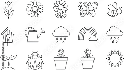 Spring garden icons set with flowers butterfly bee watering can rainbow sun