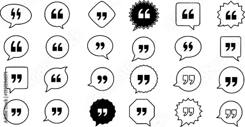 Set of quote mark. Quotes icon vector set. Quotemarks outline, speech marks, inverted commas or talking marks collection. Talk bubble speech icon. Black quotes icon.