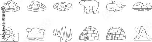 Arctic wildlife illustration icons collection with polar bear whale igloo snow