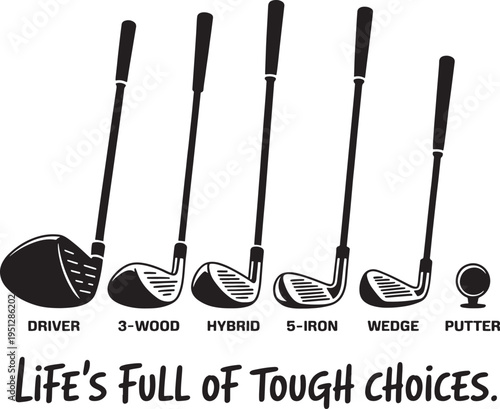 golf clubs and balls with inspirational quote on white background