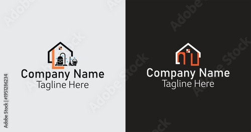 Modern Cleaning Service Logo Concepts Featuring House Outline with Vacuum and Supplies, isolated on transparent background