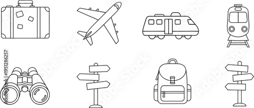 Travel adventure icons collection with suitcase airplane train binoculars backpack