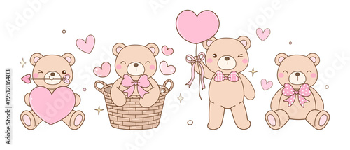 Hand draw baby teddy bear valentine with little heart Love pink pastel For romantic graphics Cards Sweet decorative Doodle illustration