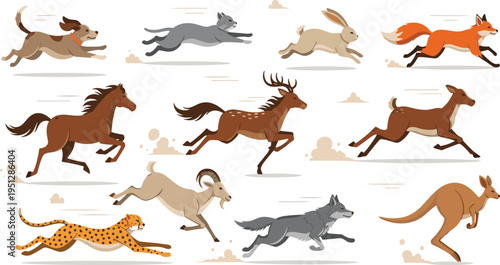Photography Running Wild Animals Vector Set Featuring Horse, Deer, Kangaroo, Fox, Wolf, Cheetah, Rabbit, and Goat in Dynamic Motion Poses for Wildlife Illustration Projects