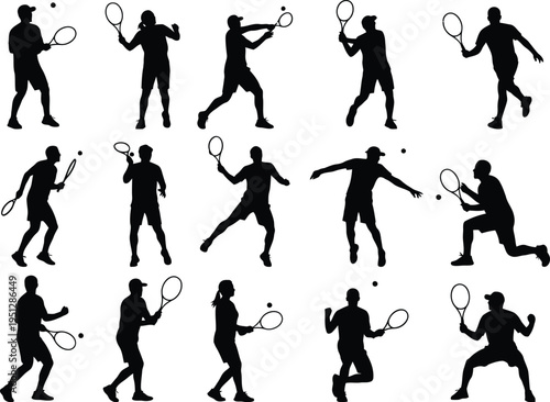 Collection of various tennis player silhouette poses in action on court