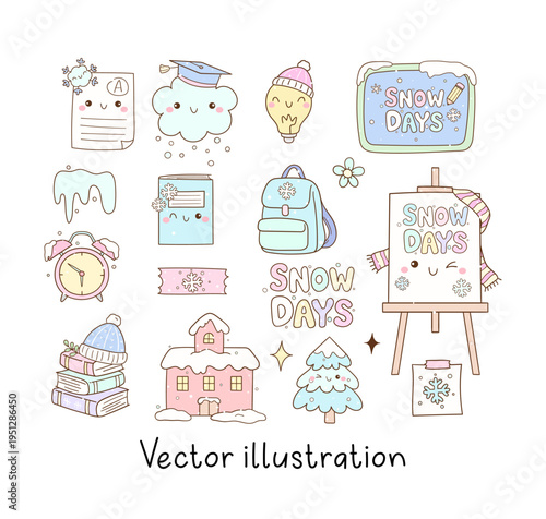 Hand draw collection school supplies elements Pastel winter day Arctic snow For classroom decor Vector cartoon illustration set