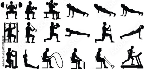 Silhouette of various fitness exercises and activities in black on white background