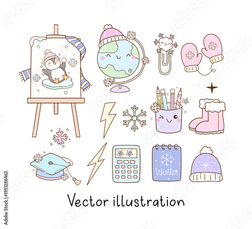 Hand draw cute school supplies elements Pastel winter day Arctic snow For classroom decor Vector cartoon illustration set