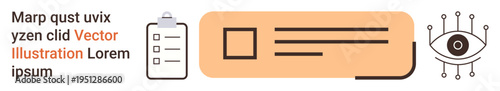 Data analytics, technology concepts, information tracking, cybersecurity, visual design, monitoring trends. Minimalist design with clipboard, text elements and eye illustration. Data analytics