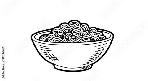 Black and White Line Art Bowl of Noodles Illustration