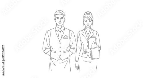 Professional Hotel Staff - Waiter and Waitress in Uniform Line Art